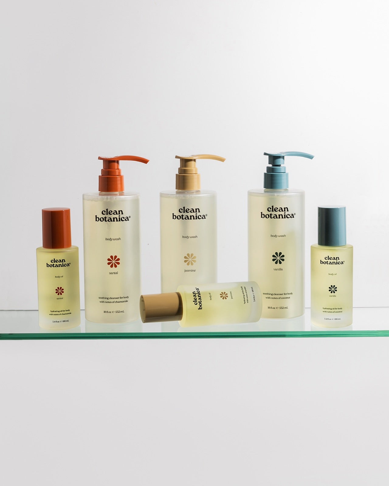 The Clean Botanica range on a glass shelf