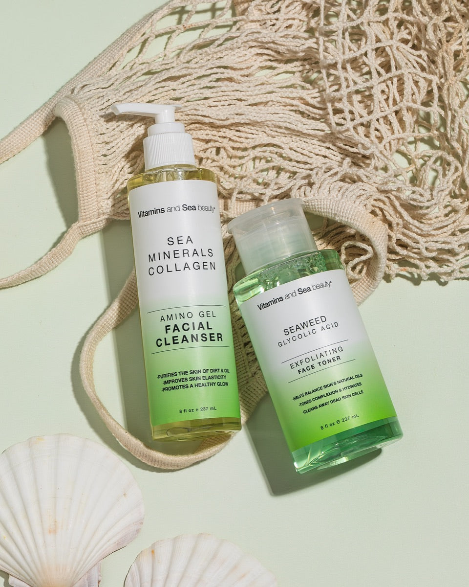 Vitamins and Sea beauty cleanser and toner with a mesh bag and shells