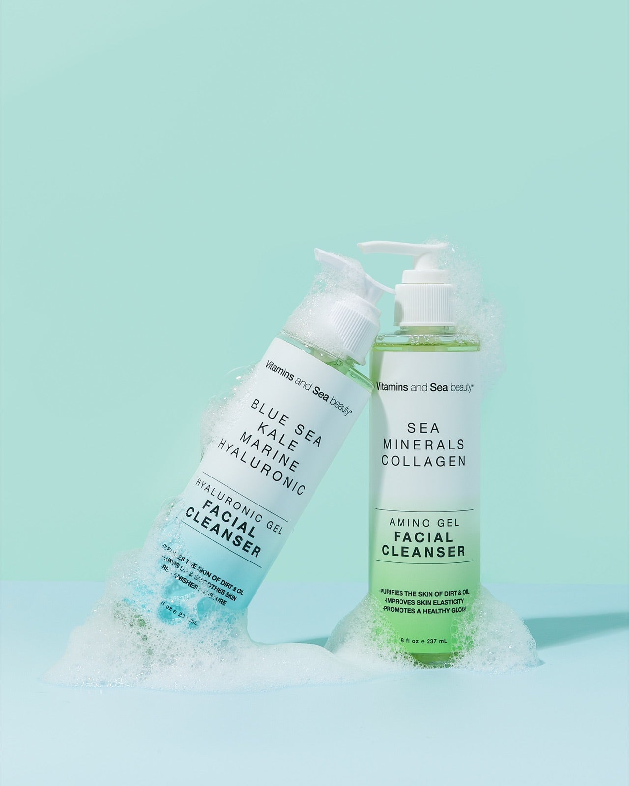 Two Vitamins and Sea beauty facial cleansers in sea foam on aqua